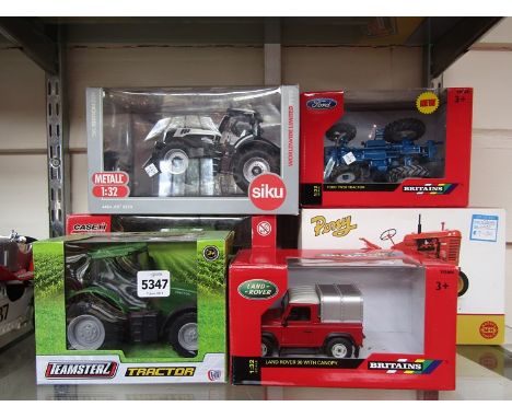 Three Britains diecast farm vehicles, Universal Hobbies Massey - Harris Pony 812, Siku JCB tractor and another (6), boxed 