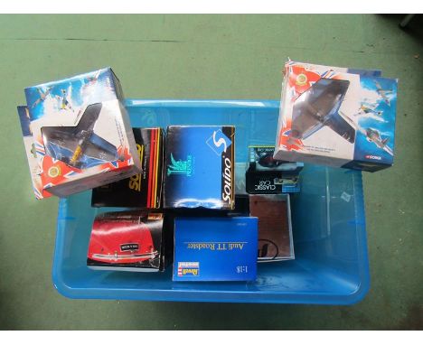 A box of diecast models including boxed Solido VW beetle soft top, Corgi Aviation Archive etc