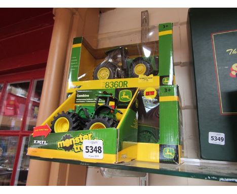 Two Birtains John Deere diecast farm vehicles and an ERTL John Deere tractor (3), boxed 