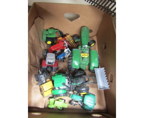 A box of diecast and plastic farm vehicles including ERTL John Deere tractor 