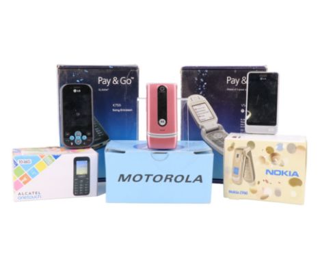 Five boxed vintage mobile telephones together with four others, including Nokia, Motorola, etc