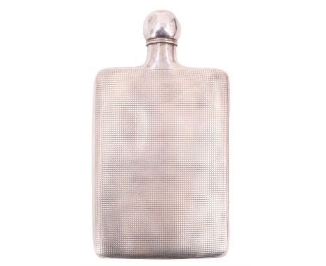 A 1960s Hans Jensen &amp; Co white-metal hip-flask, bearing finely checkered decoration and having a screw-in globular stoppe