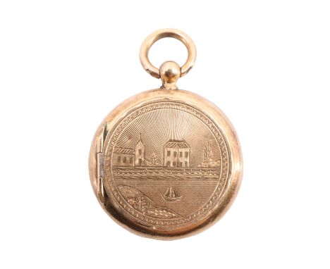 A vintage French gold triple locket, the front engraved with a church and house on a river estuary, verso engine turned with 