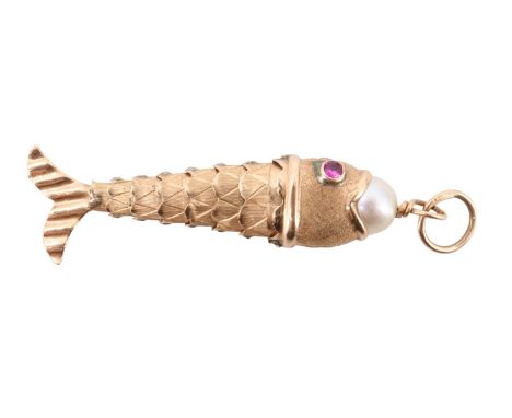 A ruby and pearl articulated fish pendant, the fish holding a pearl in its mouth and having bezel set 2 mm ruby brilliants in