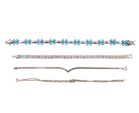 Two late 20th Century bracelets, comprising an opal and white beryl tennis bracelet, and one set with turquoise coloured past