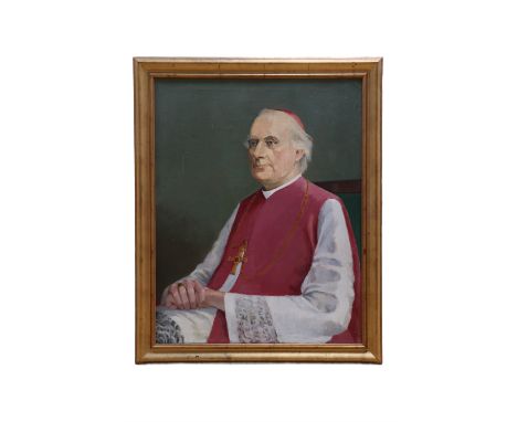 Brian Roxby (b. 1934) A portrait of an elderly bishop / cardinal, sat with hands clasped in his lap, wearing a crucifix, oil 