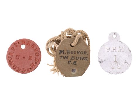 Great War British army fibre identity discs of Capt / Lt Col M Beevor, Buffs / attached 7 Middlesex Regt, together with an al