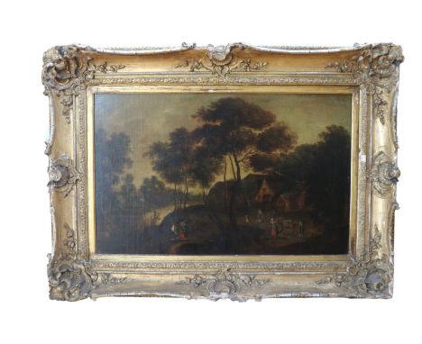 Prospect of a half-timbered farmstead with river and bridge amongst woodland, various figures coming and going, in the manner