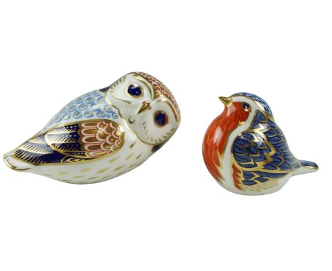 Two Royal Crown Derby paperweights, robin with gold stopper and owl, (lacking stopper)