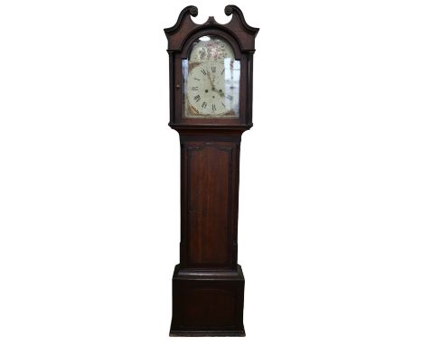 A George III oak eight day longcase clock, having a broken arch painted dial and banded and string inlaid case, 213 cm high