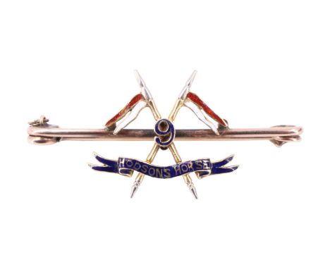 An early 20th Century 9th Hodson's Horse enamelled yellow metal sweetheart brooch, 44 mm, 4.2 g, (tested as gold)