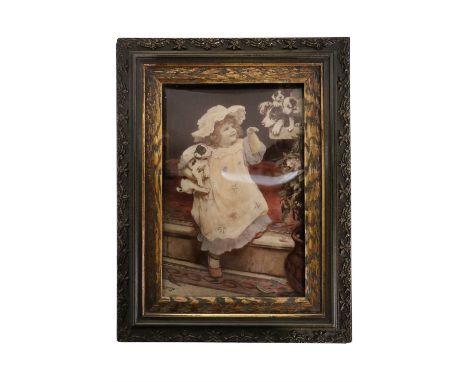 A Victorian crystoleum depicting a young girl sitting on a step with puppies, in a moulded and glazed frame, 36 x 27.5 cm ove