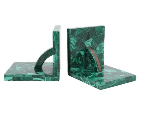 A pair of Art Deco style malachite book-ends, 13 x 12 cm