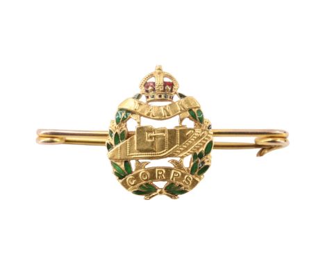 A Great War Tank Corps enamelled 15 ct yellow metal sweetheart brooch, (tested as gold), 4.5 g, 42 mm