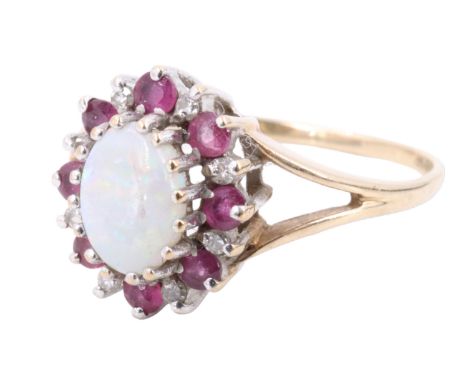 An opal ruby and diamond cluster ring, comprising an oval opal cabochon of approximately 6 mm x 4 mm, claw set within a frame