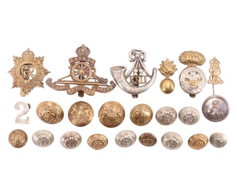 Sundry cap badges and buttons including a French 4th Régiment de Ligne button circa 1844-1871 and a Norfolk Yeomanry pin badg