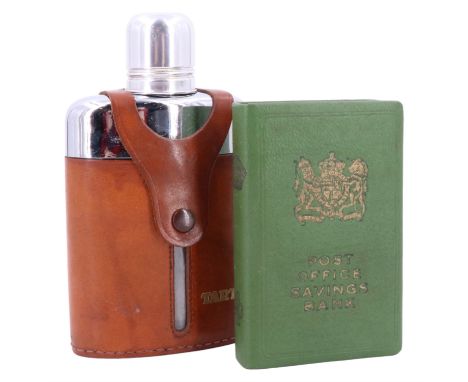 A vintage hide bound and stainless steel mounted glass hip flask together with a Post Office Savings Bank in original carton,