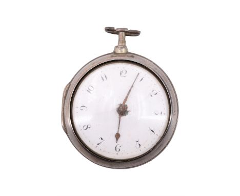 A George III silver pair-cased pocket watch, having a verge movement, white enamel face, copper hands and Arabic numerals, th