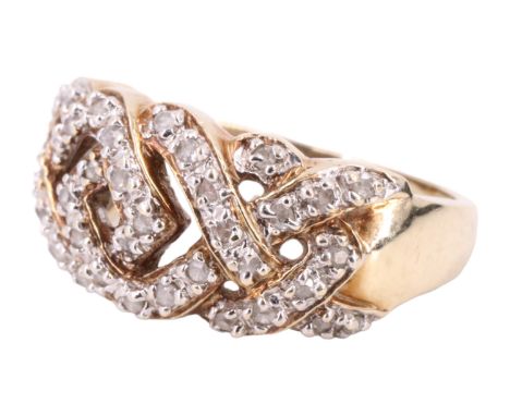 A contemporary diamond interlace dress ring, having adorse interlaced openwork, line set with 44 diamond brilliants, all set 