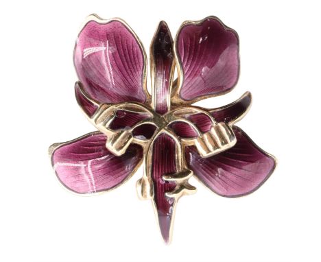 A late 20th Century purple orchid brooch by David Anderson, Norway, having basse-taille enamelled gilt white metal petals, ma