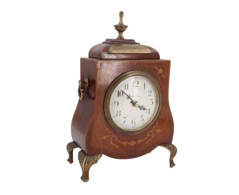 An early 20th Century fancy marquetry inlaid and brass mounted mantle clock by Walker &amp; Hall, bearing a brass plaque with