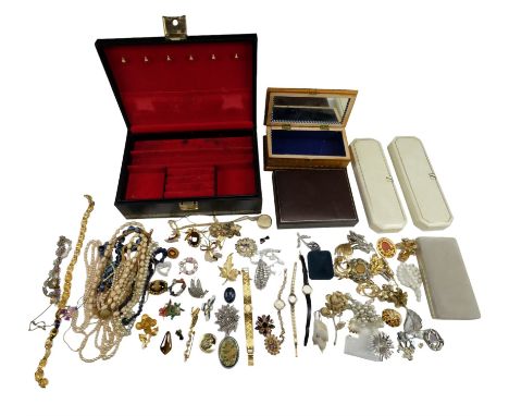 A quantity of vintage and later costume jewellery and watches together with a jewellery box and a trinket box relating to Cor