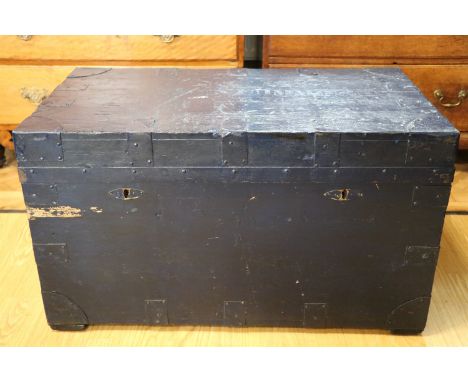 An early 20th Century steel strapped campaign style painted pine trunk by 'Benjamin, Trunk and Bag maker, Edgware and Mayfair