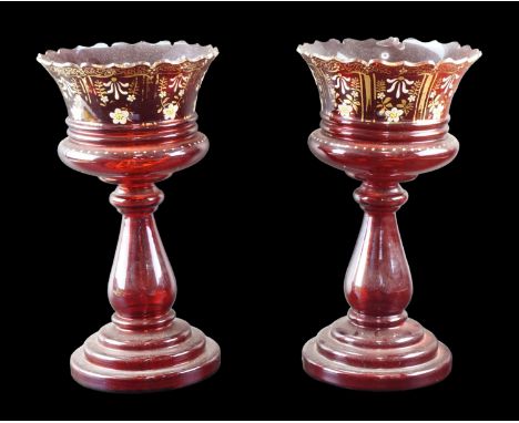 A pair of Victorian enamelled and gilt ruby-flashed glass lustres, (a/f), 34 cm 
