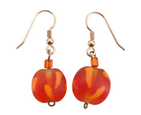 A pair of late 20th Century 9 ct yellow metal and art-glass pendant earrings, 38 mm