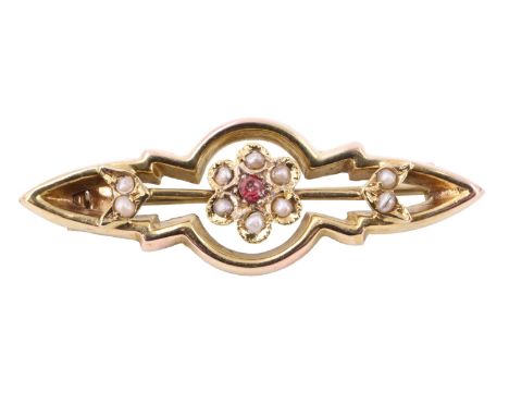 A Victorian pink stone, seed pearl and 9 ct yellow metal brooch, of open geometric form centred by a flowerhead, 38 mm, 2.2 g