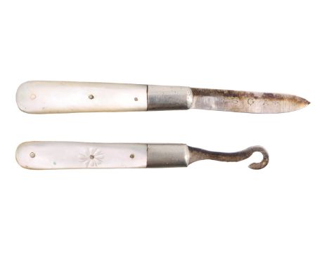 A small Victorian silver and mother-of-pearl fruit knife and a button hook, both by James Fenton, Sheffield, respectively 188