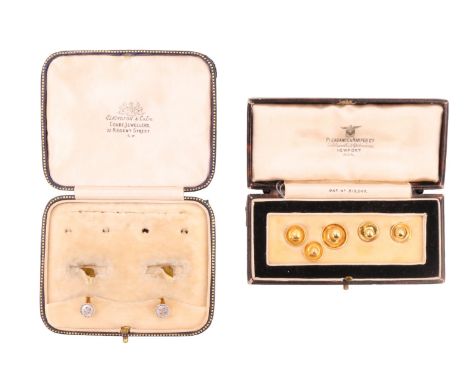 Cased sets of 18 ct yellow metal and mother-of-pearl and 18 ct yellow metal shirt studs, together with two 9 ct yellow metal 