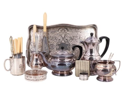 A George V silver plated four piece teaset by Garrard and Co, together with a tankard, fish servers, a galleried tray, etc