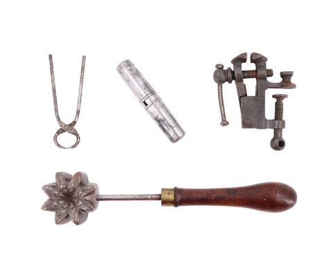 Three vintage tools, comprising a miniature table-clamping cast iron vice, a pocket tool kit and scratch-built miniature pinc