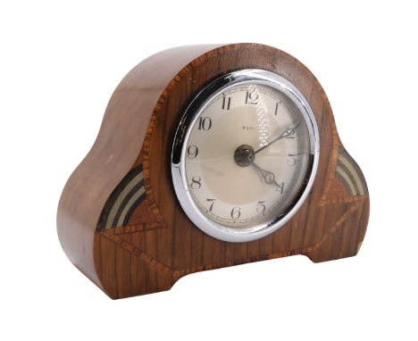 A 1930s Art Deco walnut mantle clock, having a later quartz movement, 18 cm x 14 cm