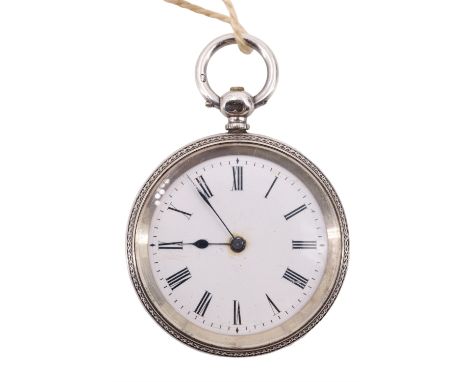 A Victorian silver fob watch, having a key-wound movement, enamel face, blued-steel poker hands, and Roman numeral markers, t