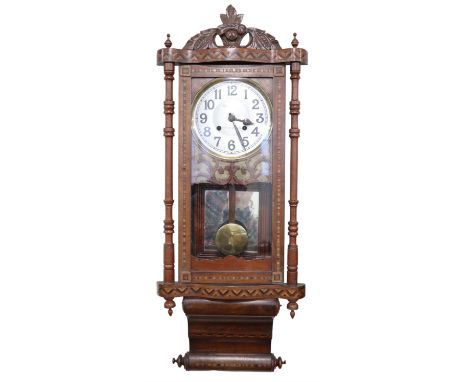 An early 20th Century American parquetry inlaid walnut wall clock, striking on a gong, later dial, 39 x 14.5 x 100 cm [ runni