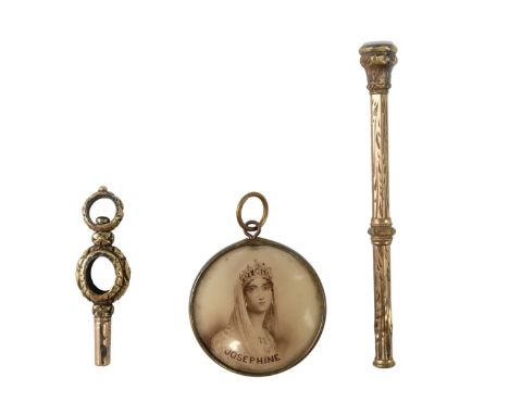 A Victorian rolled gold watch key, a gilt-metal propelling fob pencil, and a locket bearing Napoleon and Josephine, pencil 6 