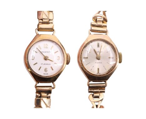 Two Regency 9 ct gold wristlet watches, each having a 17 jewel movement and silver dial, on gold plated bracelets, Edinburgh,