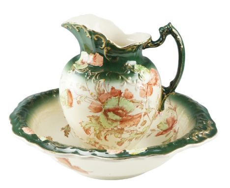 A Victorian floral transfer decorated ceramic jug and basin in the 'Bath' pattern by A and E Mayers, jug 30 cm high, bowl 43 