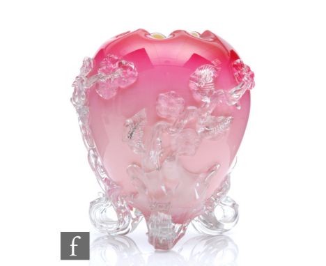 A 19th Century Stevens &amp; Williams Mat-su-noke vase of ovoid form with wave rim, cased in a graduated pink over opal and d