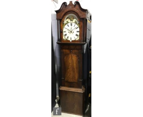 A 19th Century mahogany longcase clock, the 14 inch painted dial with moon phase, subsidiary seconds dial and date aperture, 