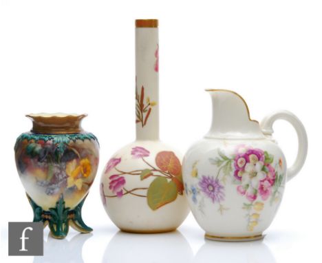 Three pieces of late 19th Century Royal Worcester comprising a shape 1215 bud vase, a small splayed foot vase and a shape 109