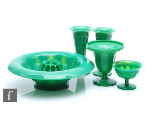 A collection of 1930s Art Deco Davidsons Jade glass to comprise a large roll rim bowl with flower block, a pair of facet cut 