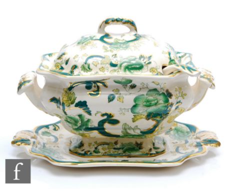 A large Masons Chartreuse pattern tureen, stand and ladle, printed marks, height 27cm, stand length 37cm. 