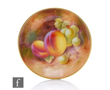 A small Royal Worcester Fallen Fruits pin dish coaster decorated by Roberts with hand painted peaches and white grapes, signe