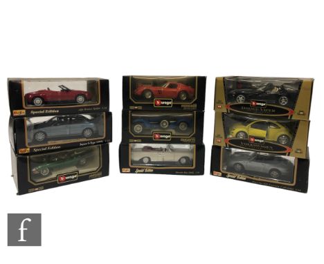 Nine 1:18 scale diecast models by Bburago and Maisto, models to include Alfa Romeo Spider, Bugatti Type 59, Jaguar E Coupe, J