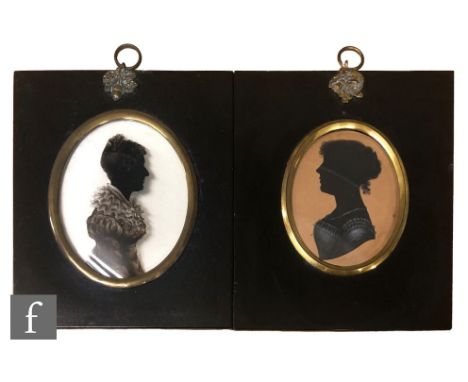 HENRY HERVE (CIRCA 1800) - Portrait of a young lady, painted silhouette highlighted in white, bears trade label verso, oval, 