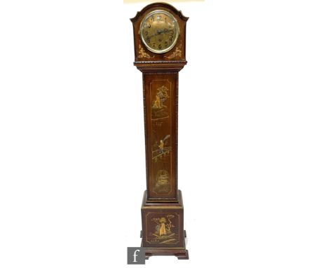 An early 20th Century chinoiserie lacquered grandmother clock, the trunk decorated with a scene of a figure crossing a bridge