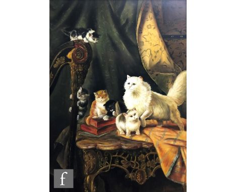 F. LEMAN AFTER&nbsp;HENRIETTE&nbsp;RONNER-KNIP - Cats playing on a harp, oil on board, a late 20th Century copy, framed, 39cm